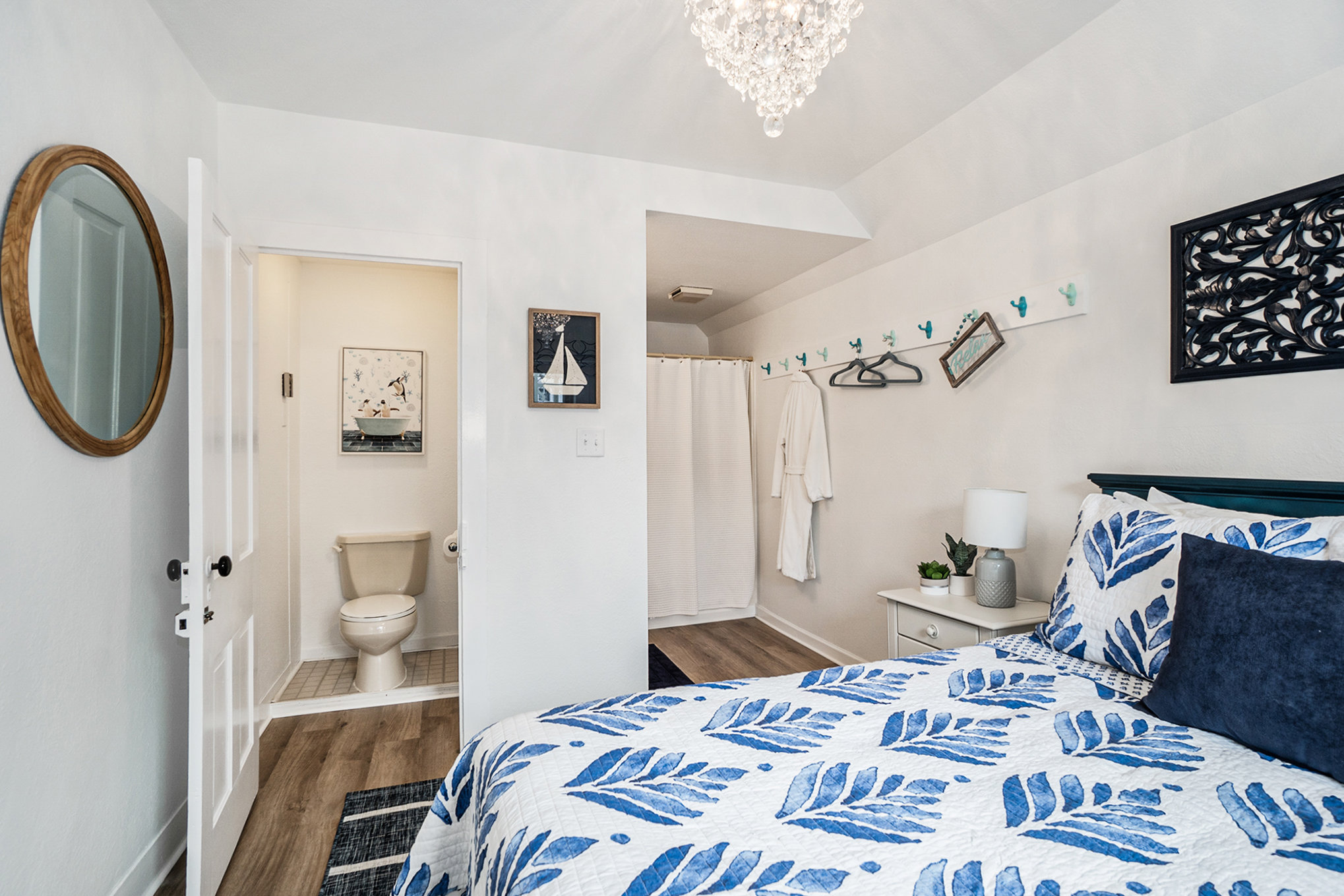 queen bed and bathroom