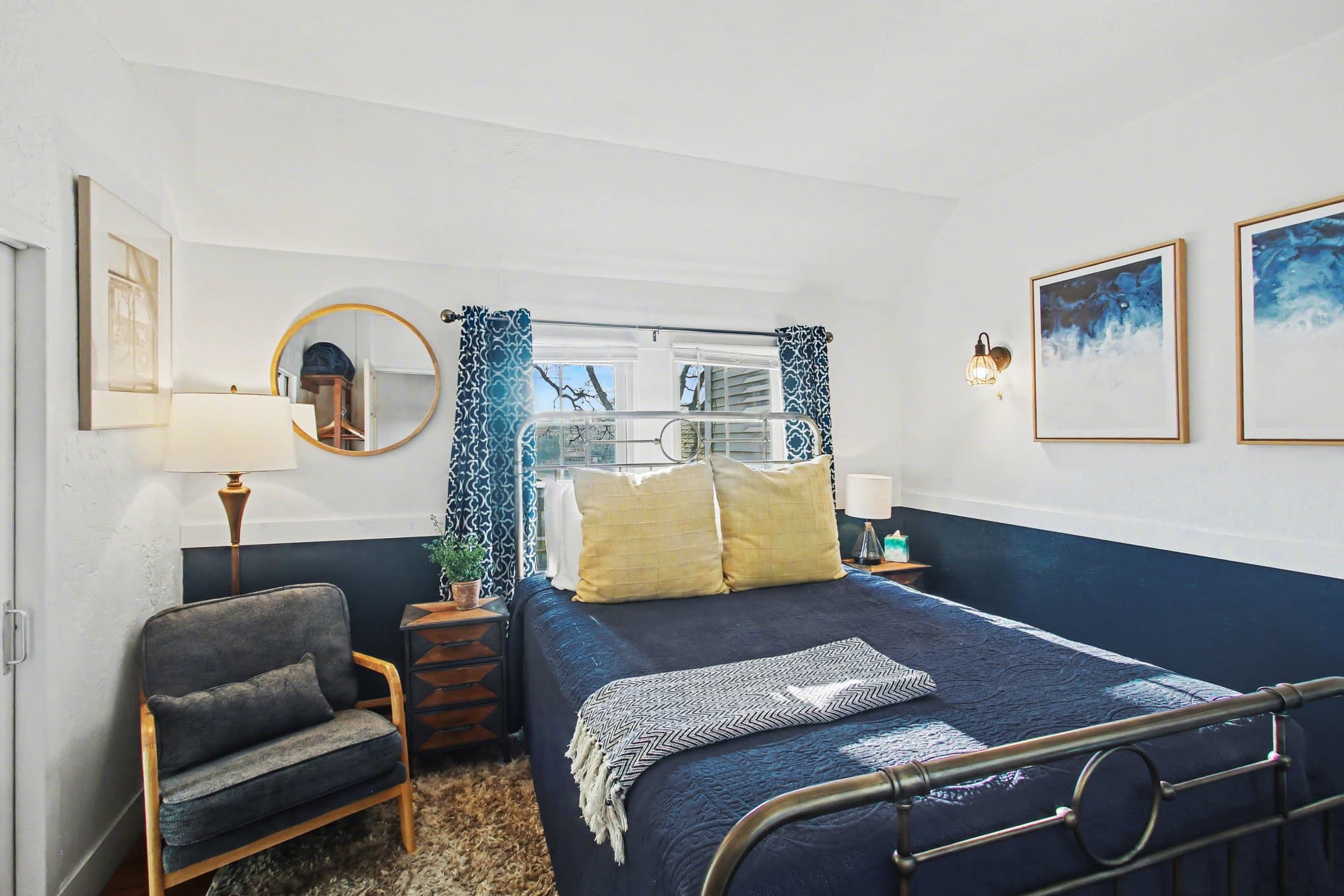 Queen bed and hardwood floors