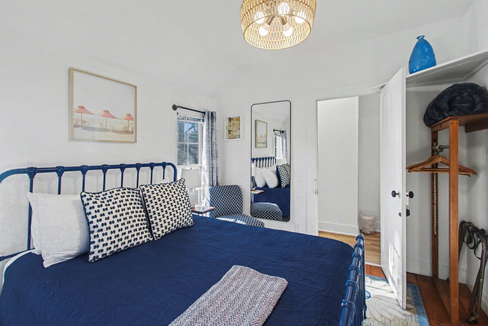 queen bed and bathroom