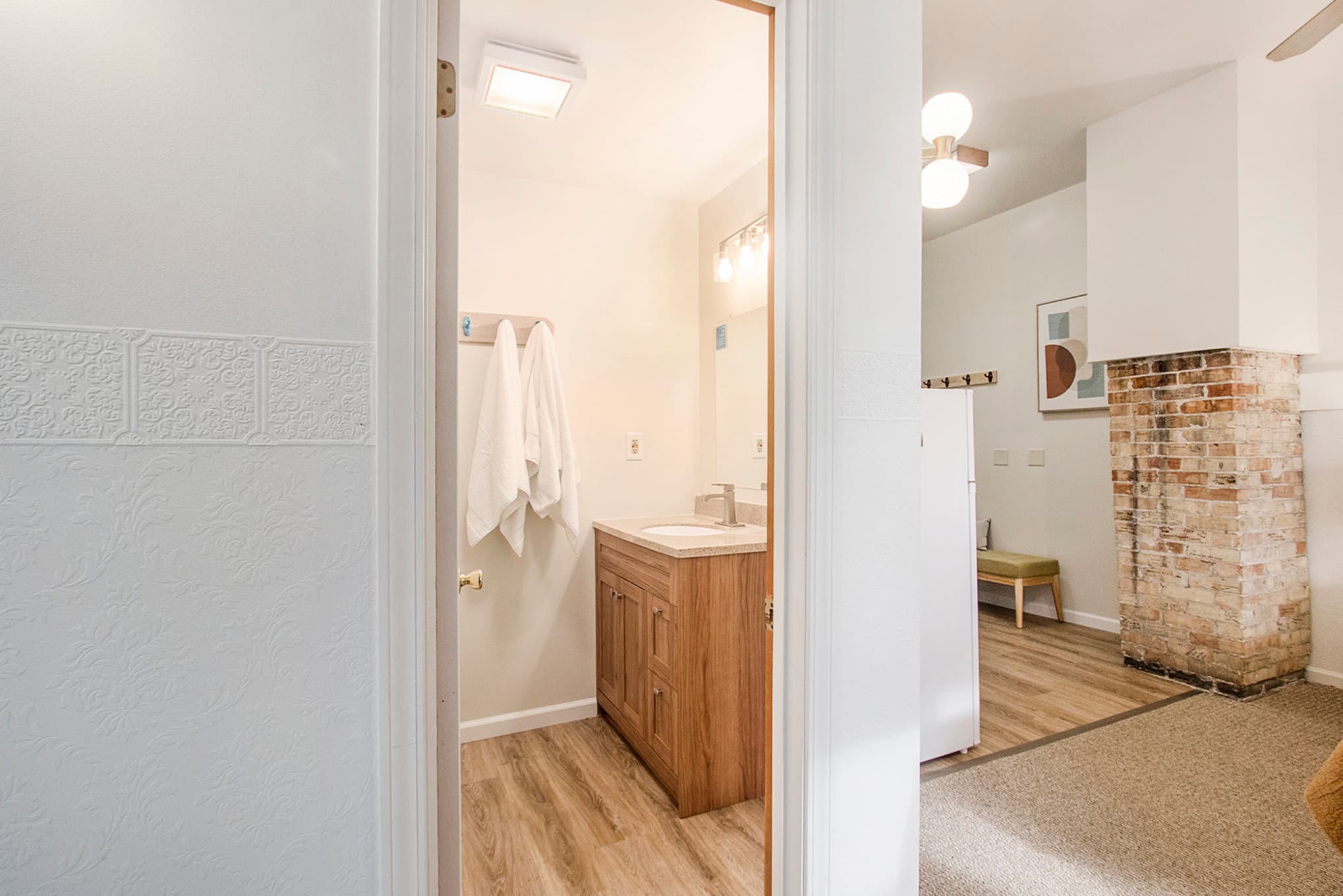 bathroom and kitchenette