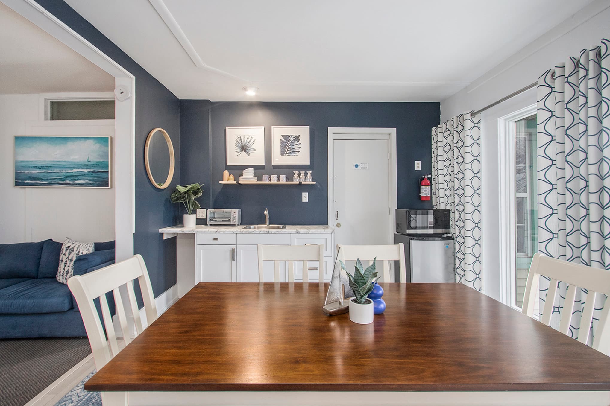 Kitchenette, dining table, view to deck