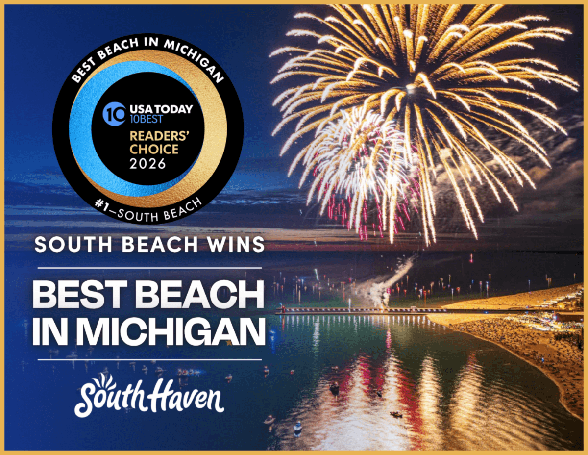 A nighttime view of South Beach, South Haven, illuminated by fireworks, celebrating its recognition as the "Best Beach in Michigan." A nighttime view of South Beach, South Haven, illuminated by fireworks, celebrating its recognition as the "Best Beach in Michigan."