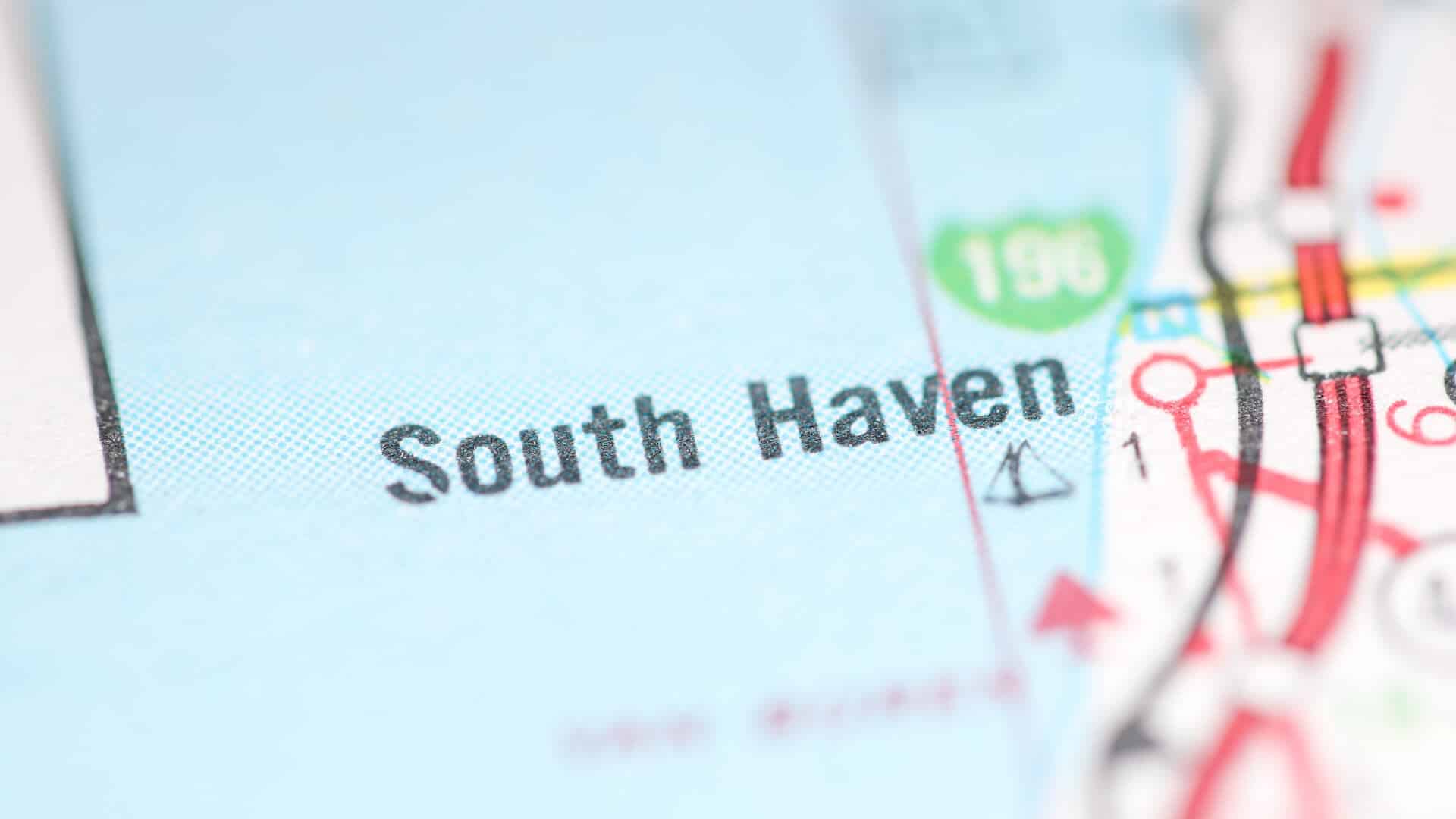 Close-up of a map showing the location of South Haven.