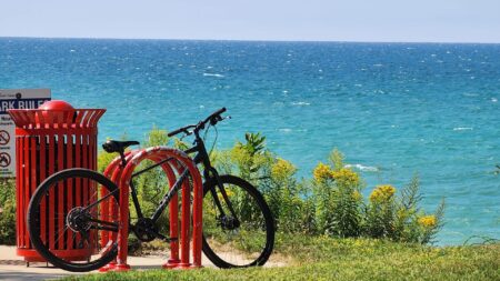 bicycle on a hill overlooking lake michigan